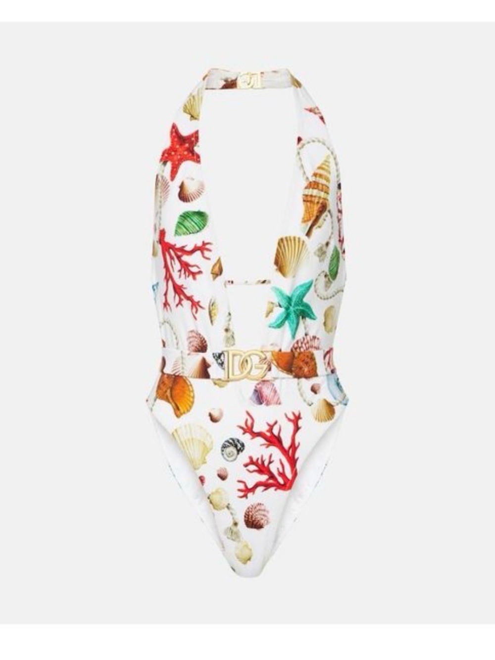 Girls White Seashell Print One-Piece Swimsuit with Gold Accent